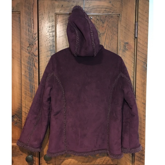 LL Bean Deep Plum Faux Sherpa Shearling Fleece Lined Hooded Coat Jacket - Picture 2 of 13